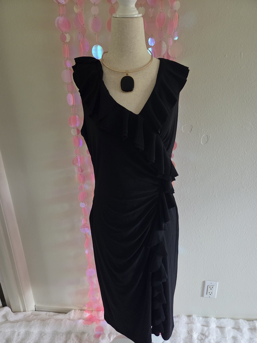 Lauren Ralph Lauren Black Ruffle V-Neck Midi Dress